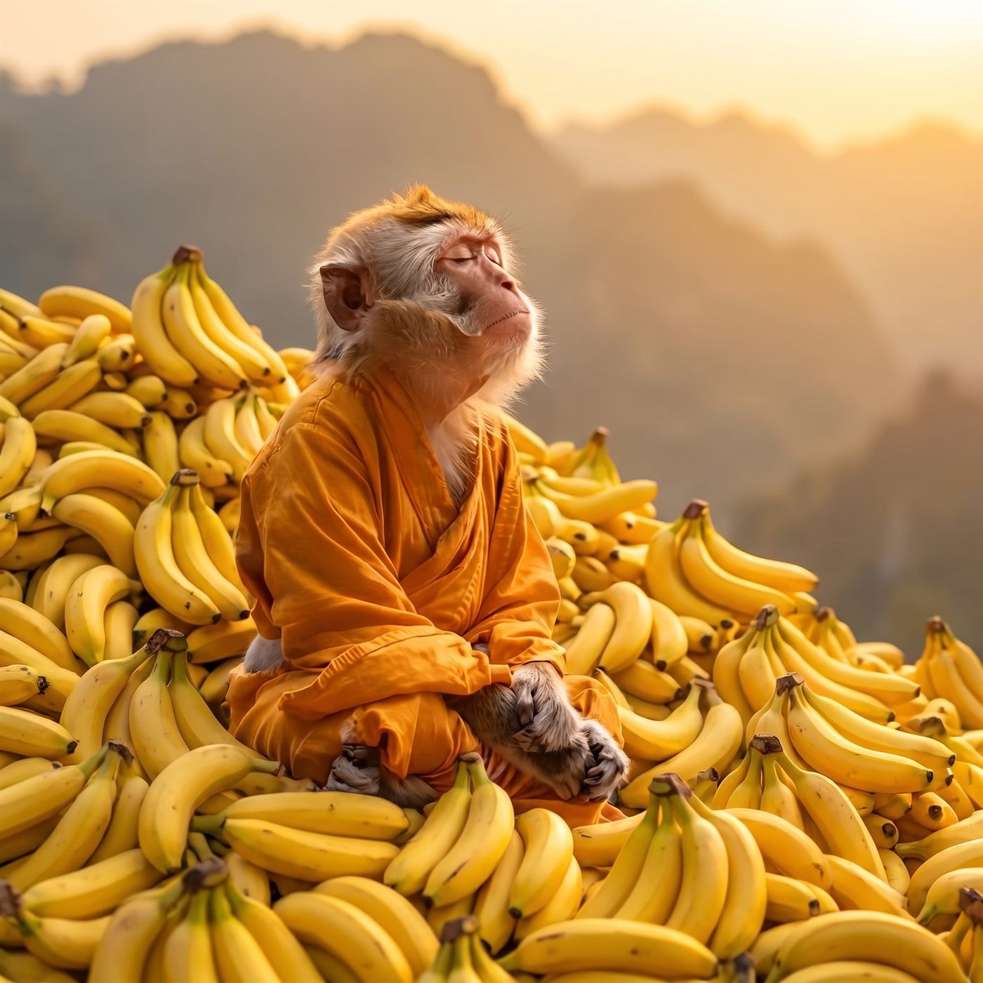 The monk seated on a mountain of bananas at sunrise