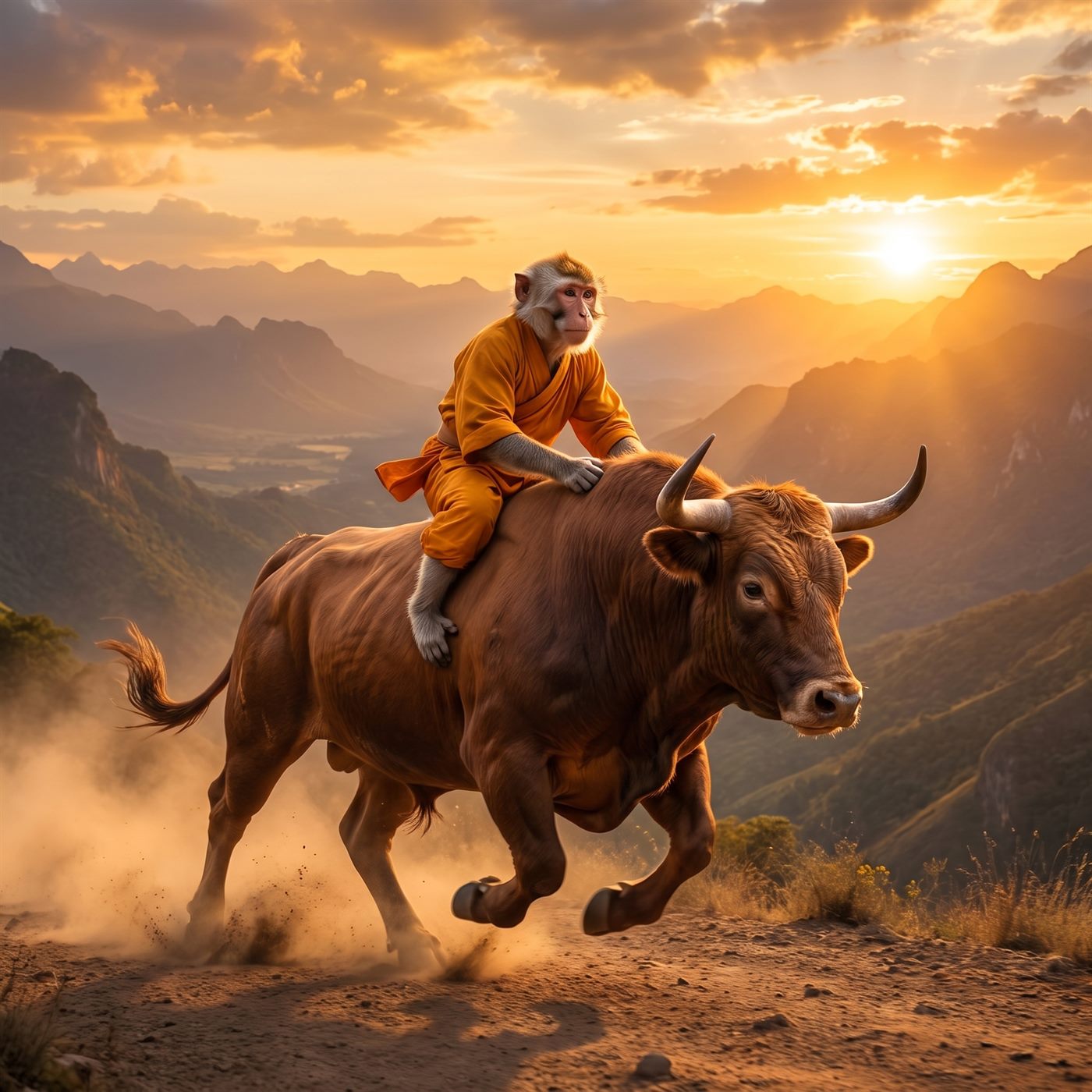 The monk riding a charging bull at sunset