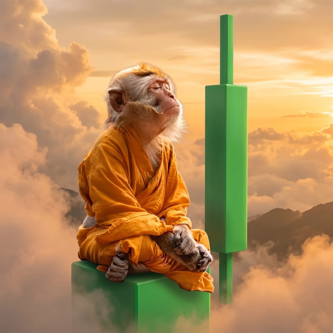 The monk seated on a giant green candle above the clouds