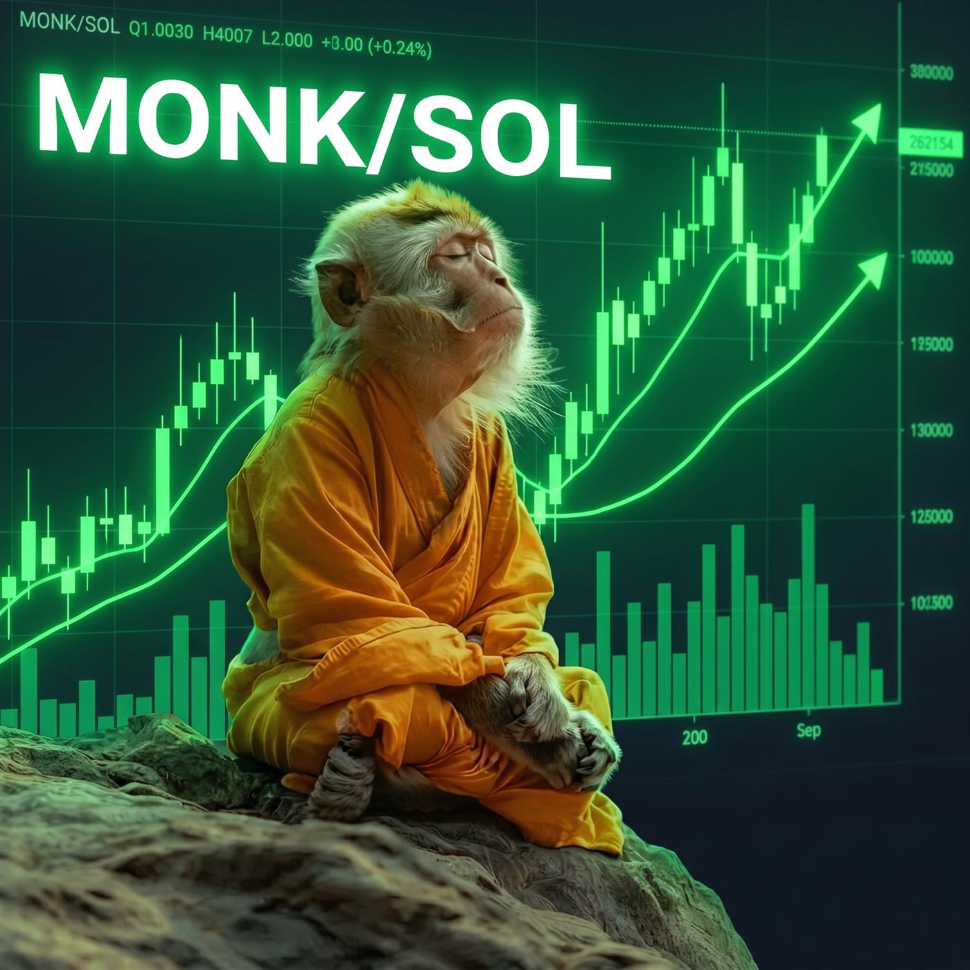 The monk sitting in front of a rising MONK/SOL chart