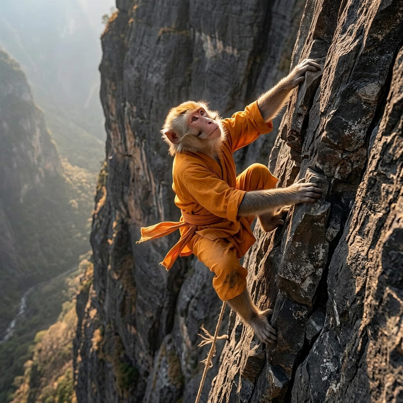 The monk climbing a sheer cliff face in his robe
