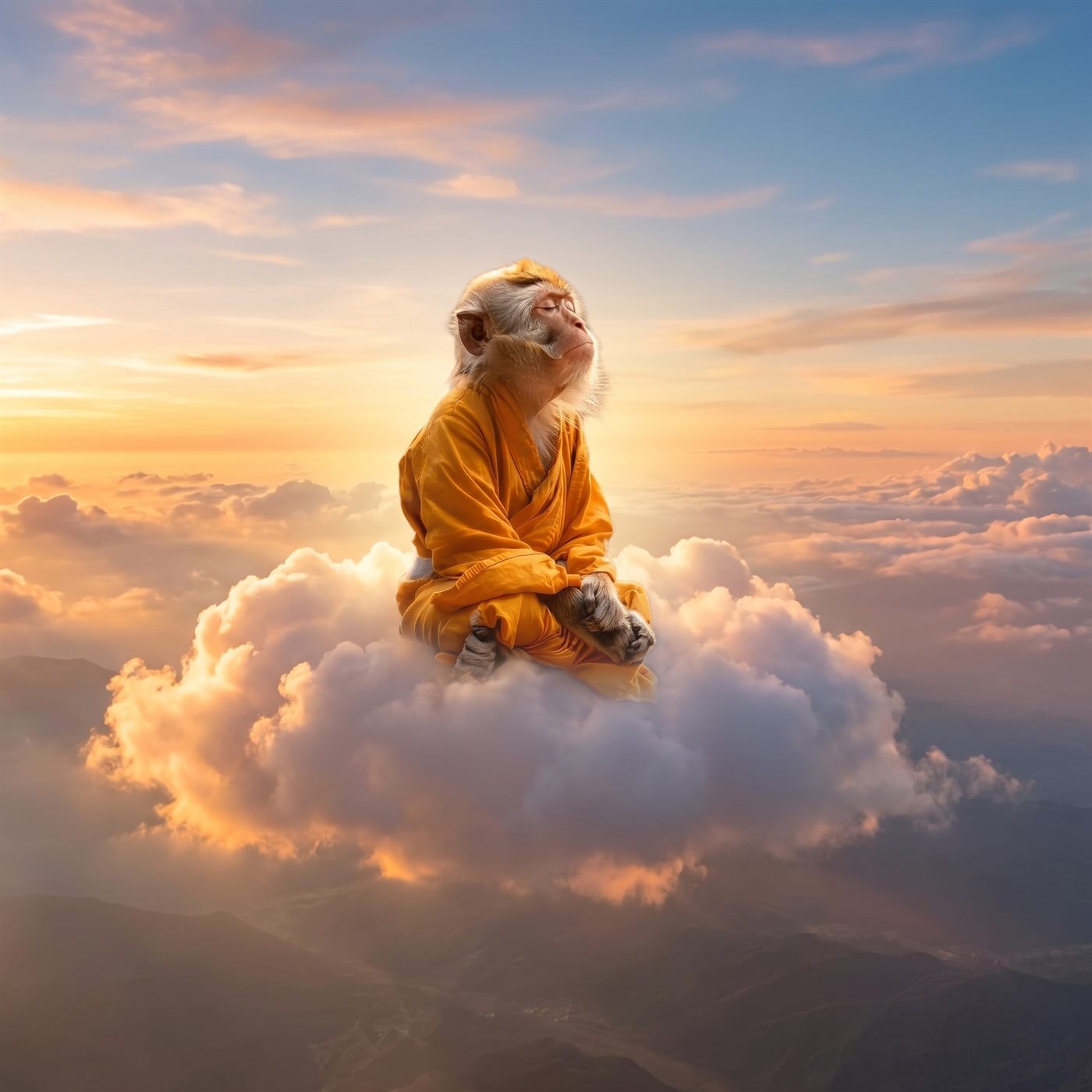 The monk meditating on a cloud above the mountains