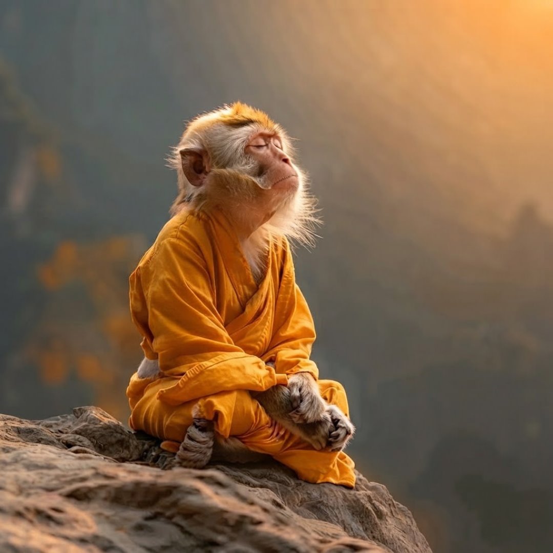 A monkey in a saffron robe sitting in meditation on a rock at sunrise