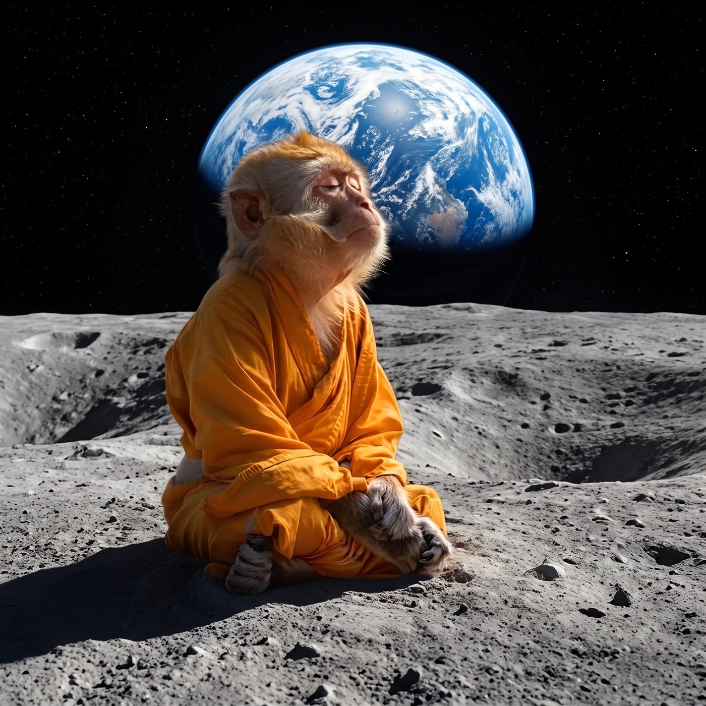 The monk meditating on the moon with the Earth behind him