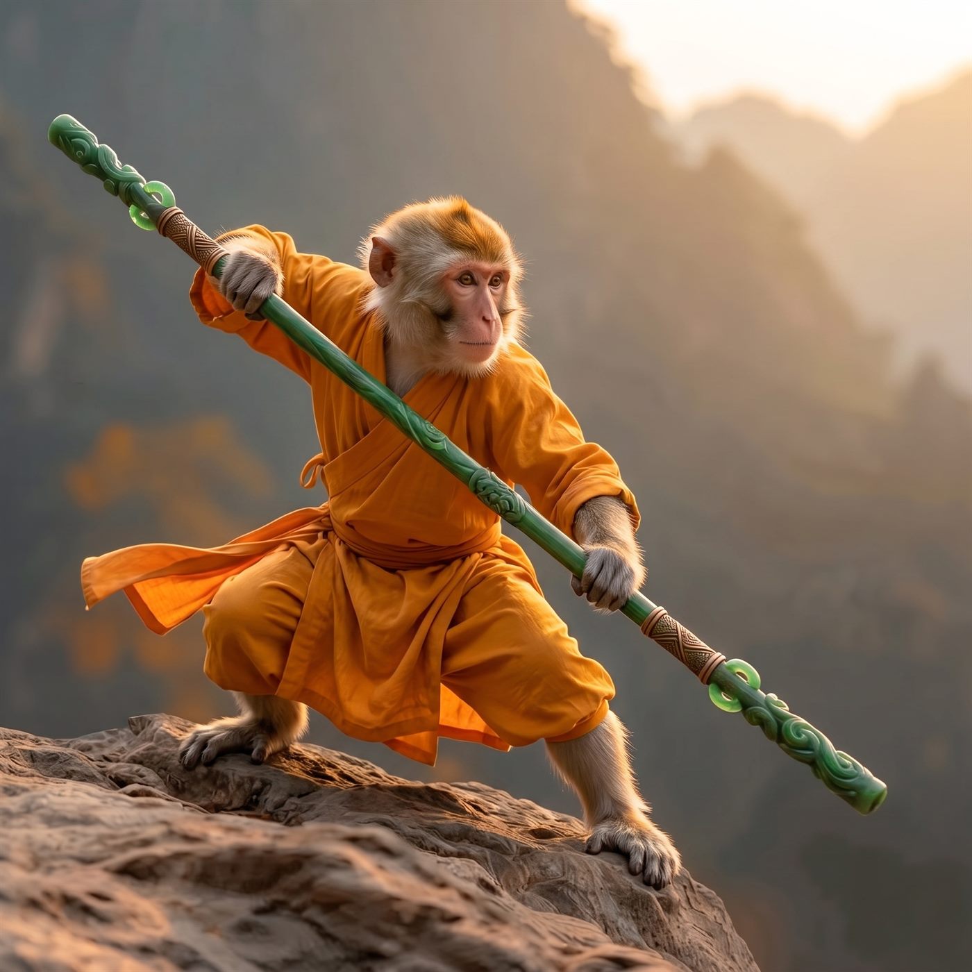 The monk holding a carved jade staff on a rock